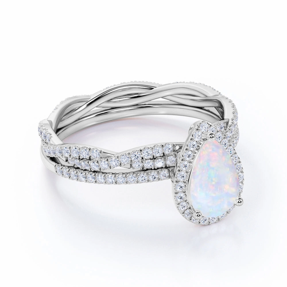 1.5 Ct Pear Cut Lab Created Opal Halo Bridal Set Made to order