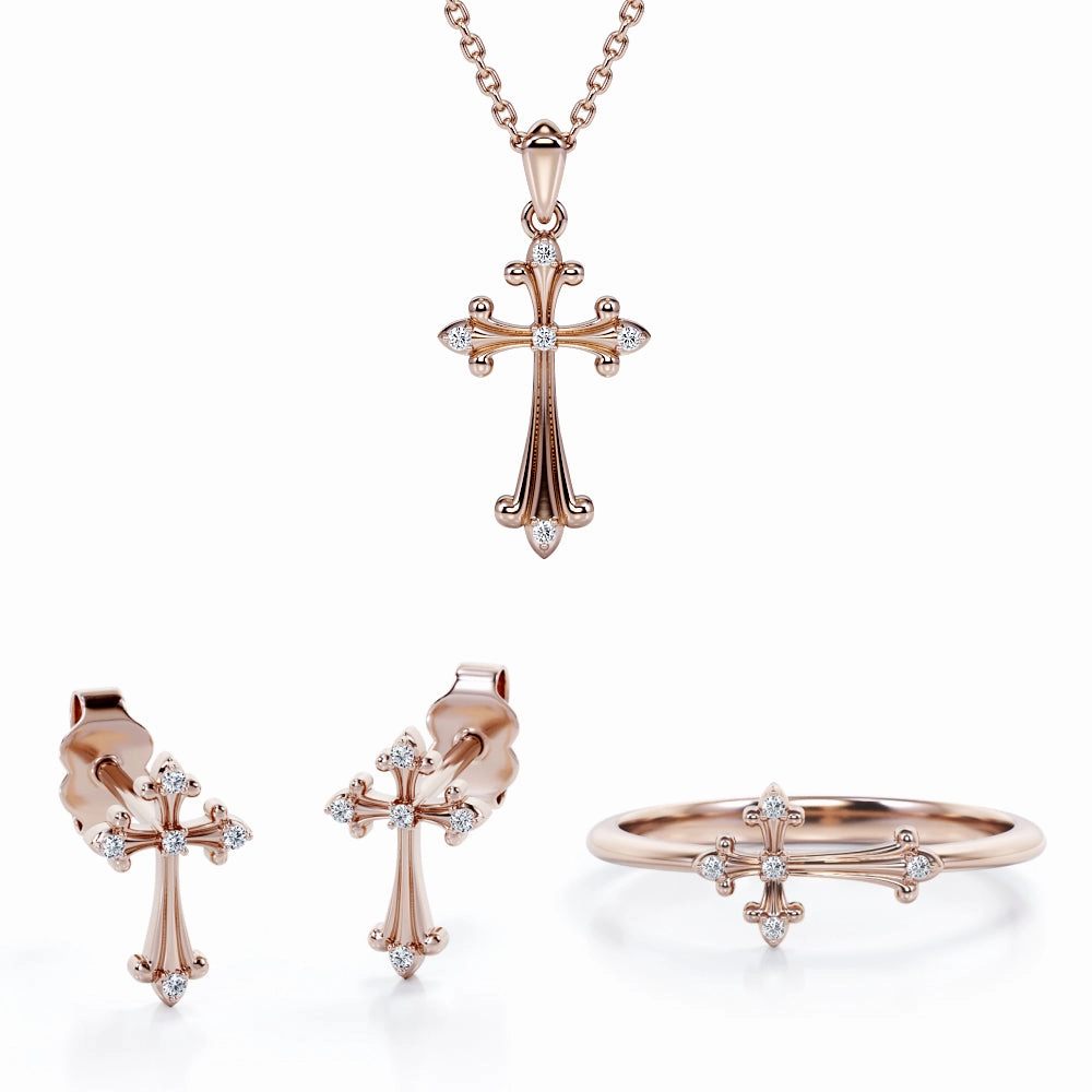 Beautiful Jewelry Filigree Jewelry Set 0.1 TCW Diamond with Crucifix Pendant, Earrings & Ring