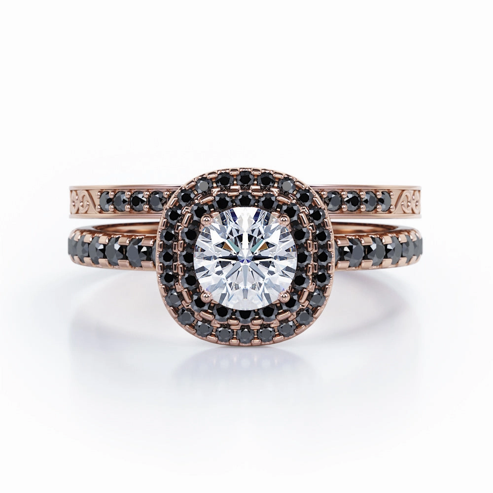 Cushion Double Halo 0.75 TCW Round Brilliant Cut Diamond with Lab Created Black Diamond Bridal Set with Pave Accents in 10K White Gold Sophisticated Style Valentine Present