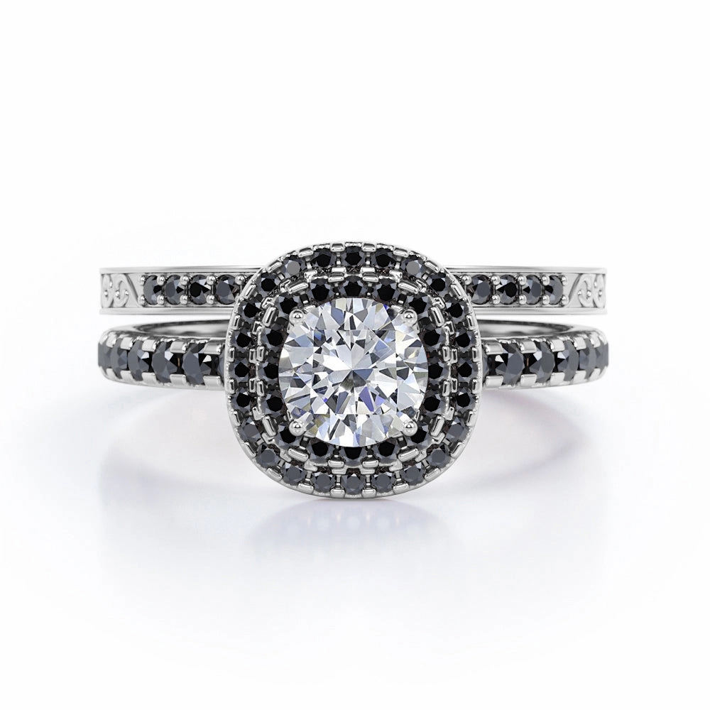 Cushion Double Halo 0.75 TCW Round Brilliant Cut Diamond with Lab Created Black Diamond Bridal Set with Pave Accents in 10K White Gold Exclusive Expression Autumn Fashion