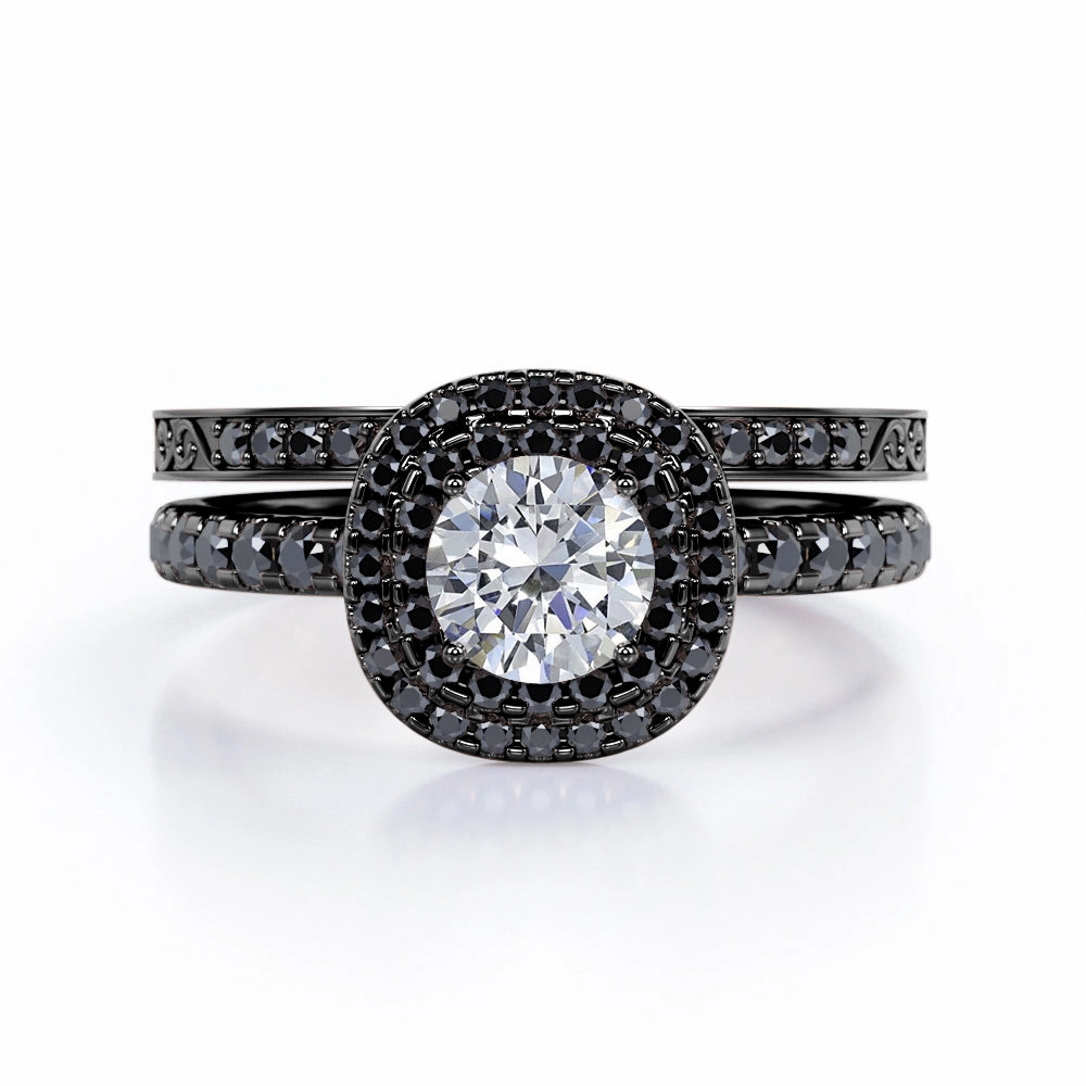 Cushion Double Halo 0.75 TCW Round Brilliant Cut Diamond with Lab Created Black Diamond Bridal Set with Pave Accents in 10K White Gold Premium Ornament Strong Accessory
