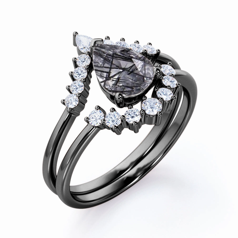 Tiara 1.40 ct Pear Black Hair Rutilated Quartz Unique Bridal Set Superior Accessory Romantic Element