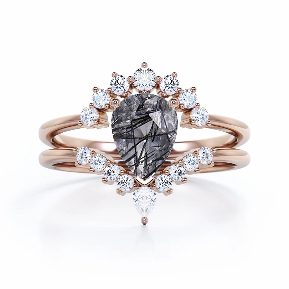 Tiara 1.40 ct Pear Black Hair Rutilated Quartz Unique Bridal Set New collection Delicate Creation