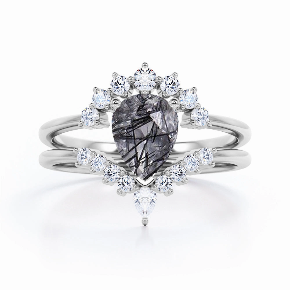 Fine Ornament Date night Tiara 1.40 ct Pear Black Hair Rutilated Quartz Unique Bridal Set