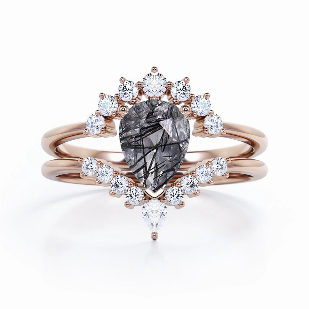 Tiara 1.40 ct Pear Black Hair Rutilated Quartz Unique Bridal Set Affordable Statement Fashion Mood