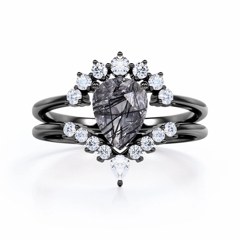 Bridal Present Amazing Style Tiara 1.40 ct Pear Black Hair Rutilated Quartz Unique Bridal Set