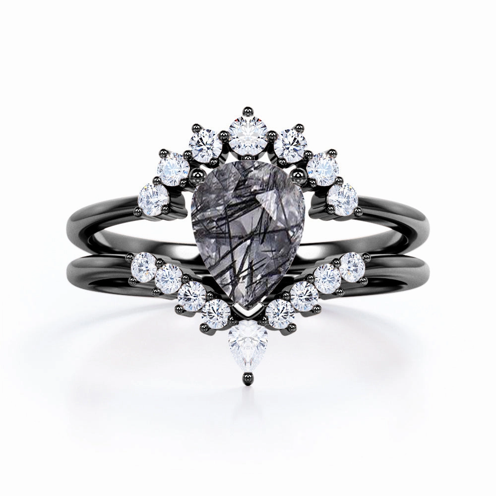 Luxury Sign Decorative Jewelry Tiara 1.40 ct Pear Black Hair Rutilated Quartz Unique Bridal Set