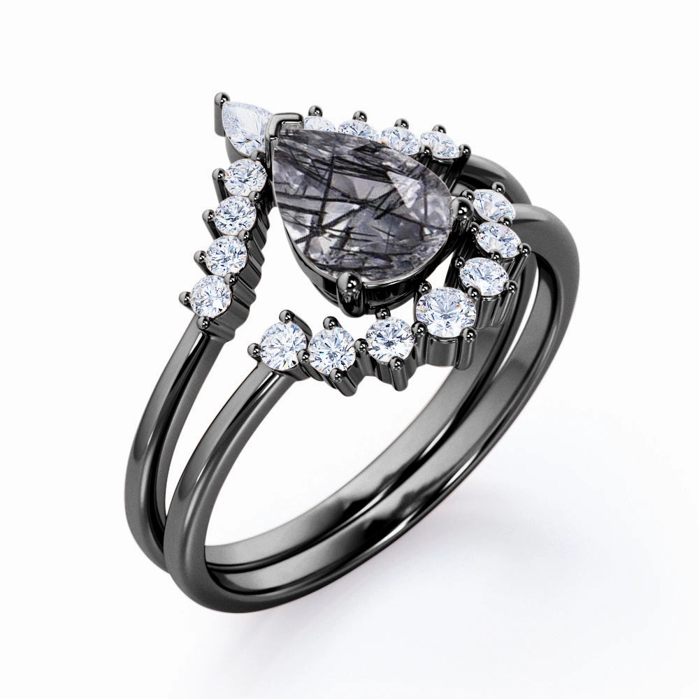 Tiara 1.40 ct Pear Black Hair Rutilated Quartz Unique Bridal Set Romantic Jewelry Autumn Collection