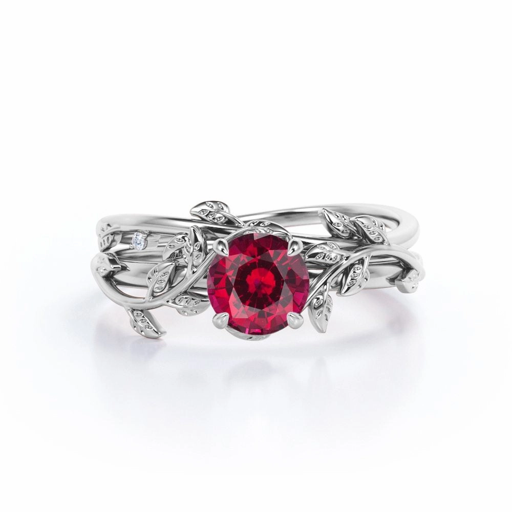 Trendy Piece Nature Inspired 1 ct Round Lab-Created Ruby Wedding Set