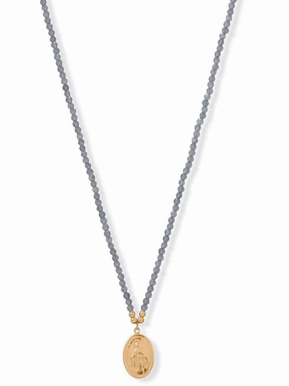 Sophisticated Gift Fine Detail Labradorite Bead Necklace with Virgin Mary Charm - Adjustable