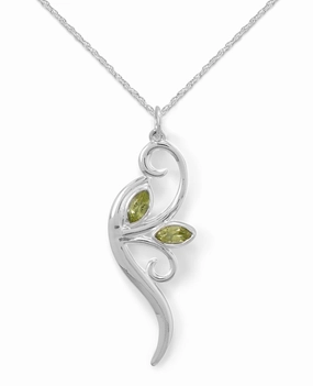 Peridot Leaf and Vine Branch Necklace Sterling Silver with Rope Chain Father??s Gift