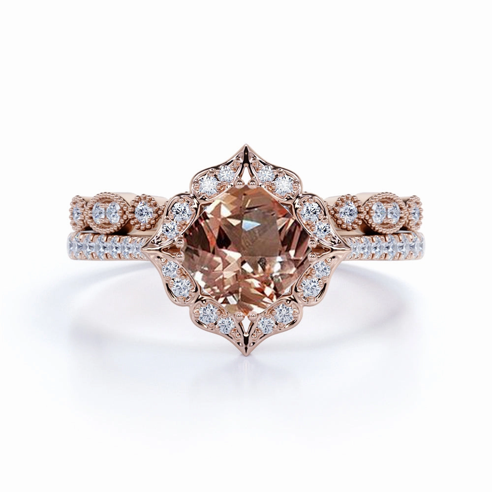 Elegant Embellishment Minimalist Token Antique 1.50 ct Cushion Morganite Halo Bridal Set