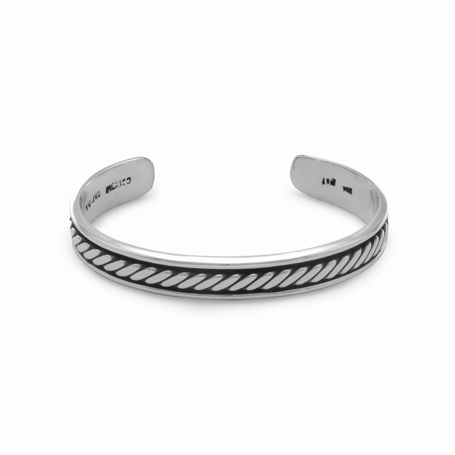 Men's Sterling Silver Cuff Bracelet with Oxidized Antiqued Rope Design Customizable Aspect Trendy Piece