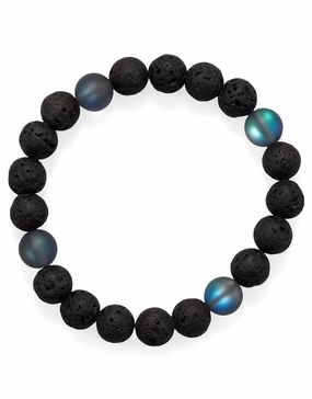 Oxidized Silver Generational Perspective Mens Stretch Bracelet with Black Lava and Imitation Labradorite Glass Beads