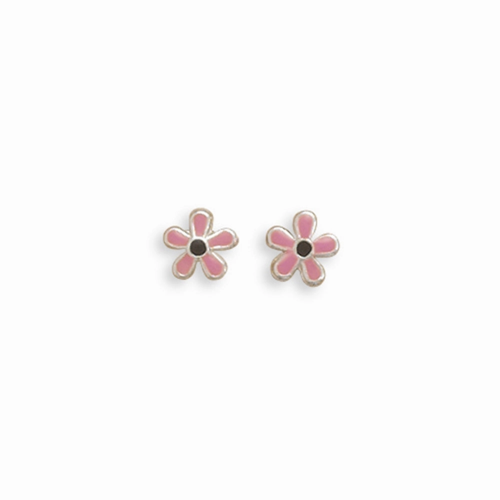 Pink and Black Sterling Silver Daisy Flower Earrings 6mm Diameter Pretty Embellishment