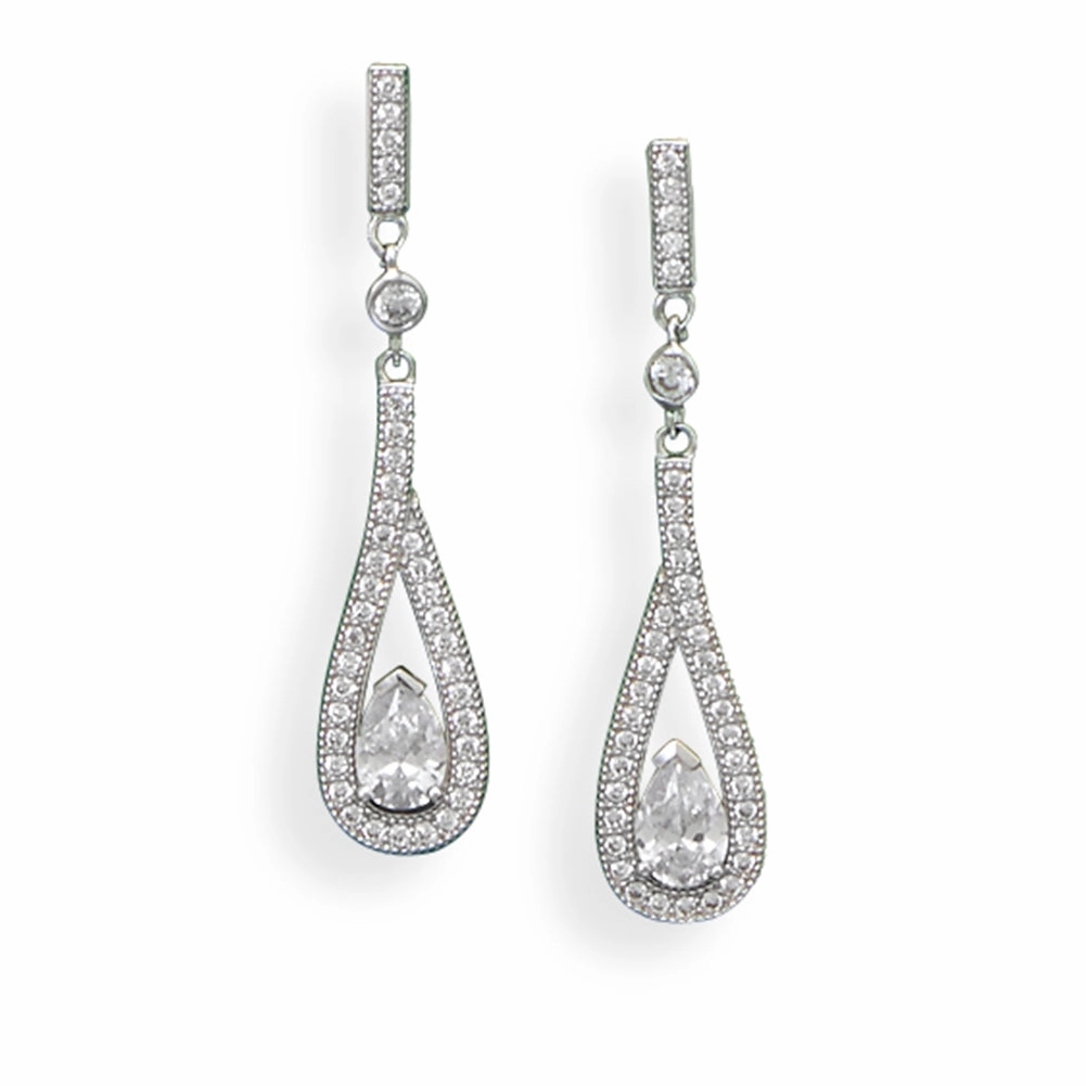Unique Decor Micro Pave Cubic Zirconia Dangle Earrings with Ribbon Drop Teardrop Rhodium on Sterling Silver - Non