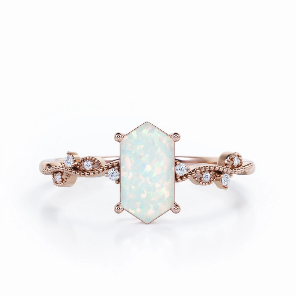 Milgrain 0.5 Ct Hexagon Cut Lab Created Opal Engagement Ring Sturdy Gift Abstract Design