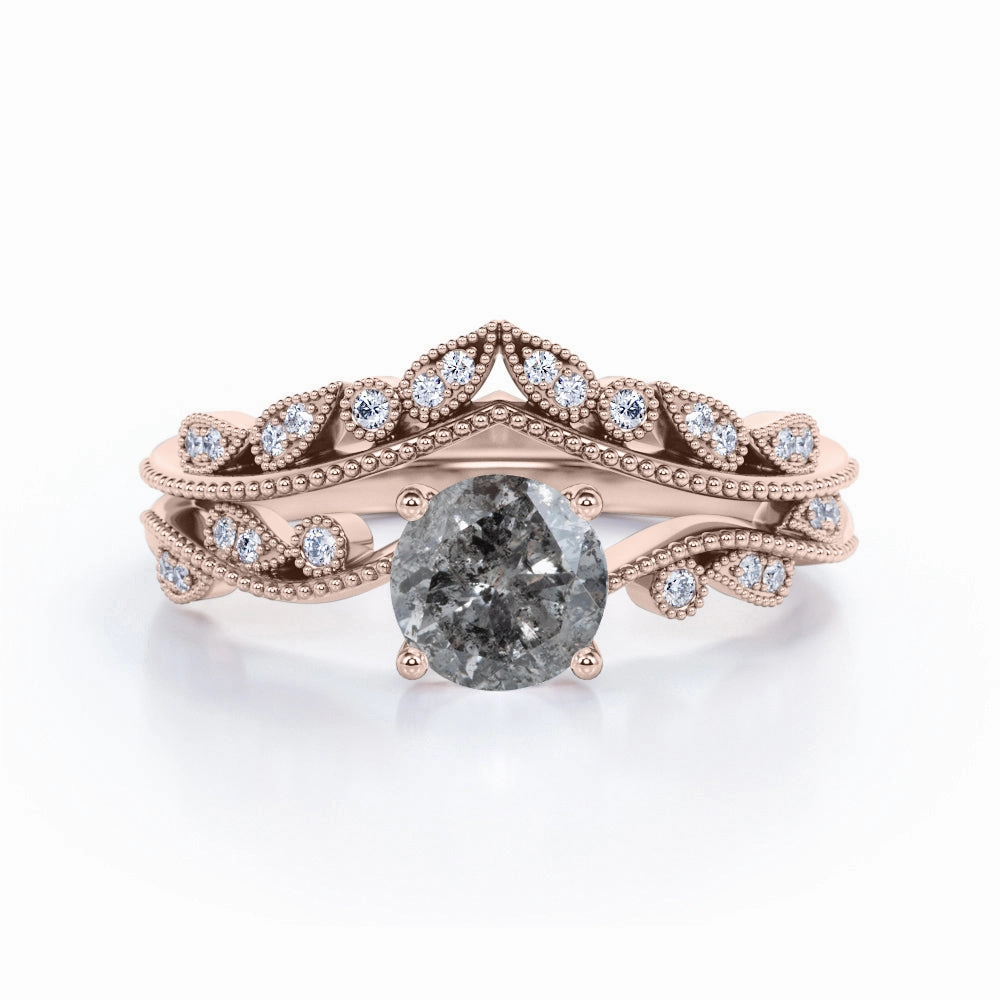 Luxury Insignia Durable item Milgrain 0.75 Ct Round Salt and Pepper Diamond Bridal Set