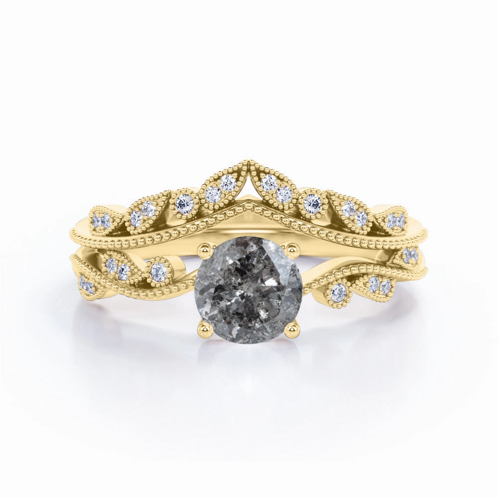 Sturdy Jewelry Milgrain 0.75 Ct Round Salt and Pepper Diamond Bridal Set