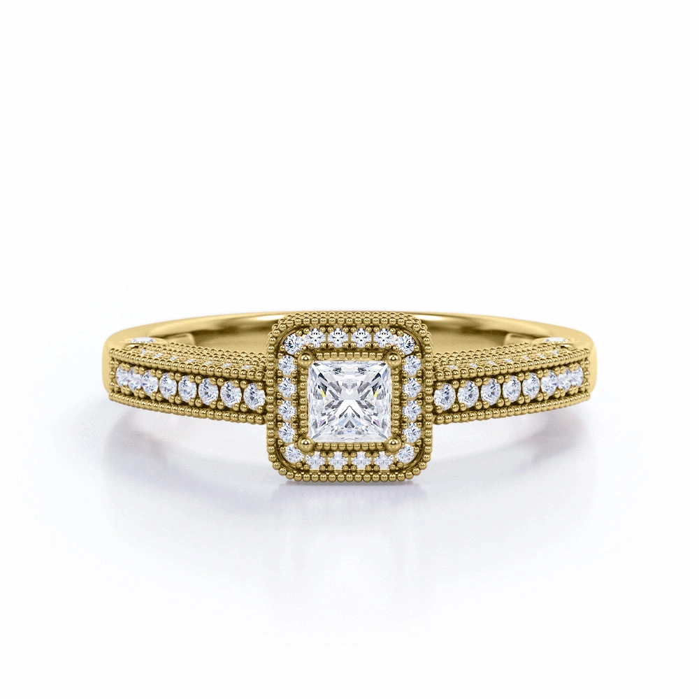 Milgrain 1 Ct Princess Cut Diamond Engagement Ring Edwardian Style Easy Appearance
