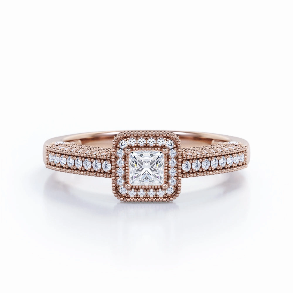 Milgrain 1 Ct Princess Cut Diamond Engagement Ring Couple Matching