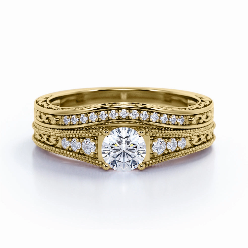 Milgrain 1 Ct Round Cut Diamond Wedding Ring Set Elegant Motion