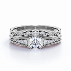 Gala Wear Milgrain 1 Ct Round Cut Diamond Wedding Ring Set