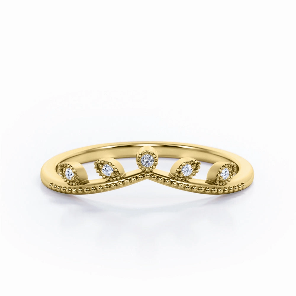 Economical Article Organic form Milgrain Edged 0.10 Ct Round Cut Curved Wedding Band