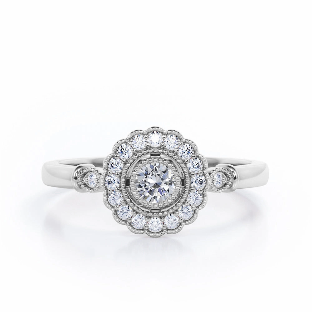 fixed size Milgrain Flower Halo 0.35 TCW Round Brilliant Cut Trilogy Bezel Engagement Ring in 10K White Gold