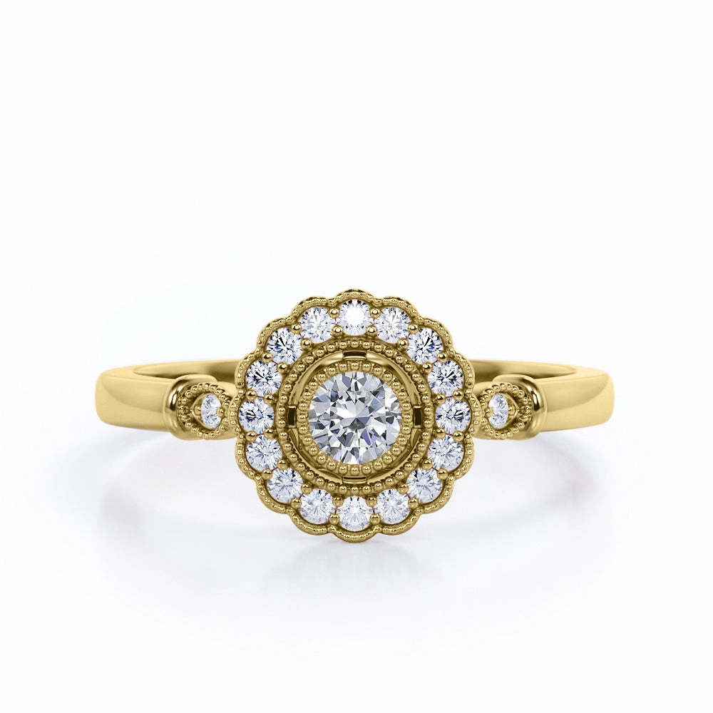 Classic Piece Branded Adornment Milgrain Flower Halo 0.35 TCW Round Brilliant Cut Trilogy Bezel Engagement Ring in 10K White Gold