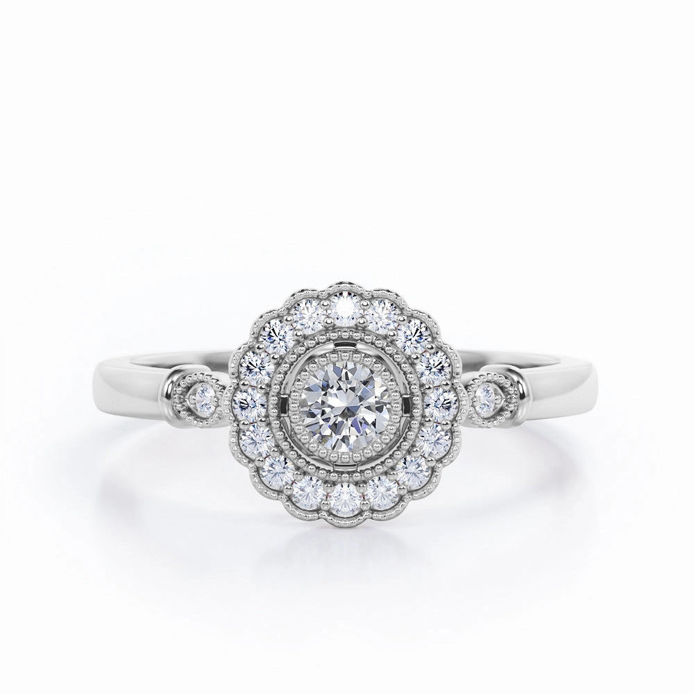Gift For Him Milgrain Flower Halo 0.35 TCW Round Brilliant Cut Trilogy Bezel Engagement Ring in 10K White Gold