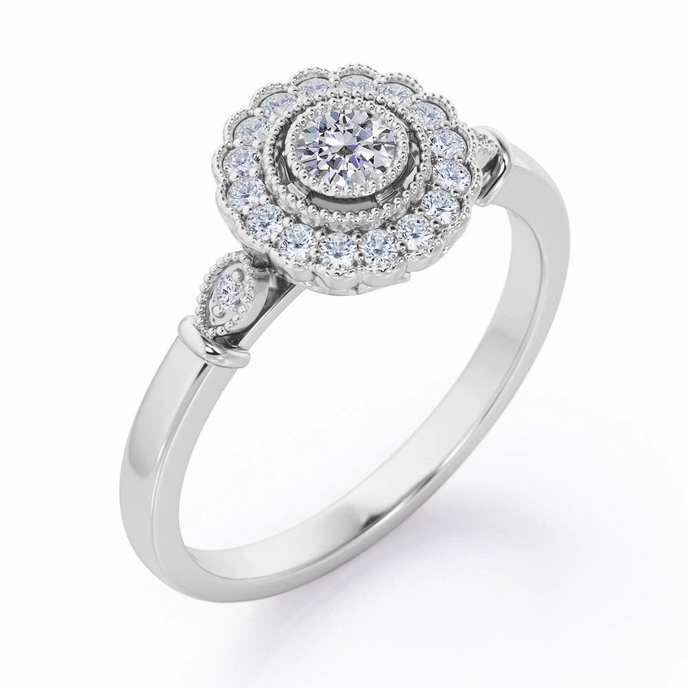 Milgrain Flower Halo 0.35 TCW Round Brilliant Cut Trilogy Bezel Engagement Ring in 10K White Gold Minimalist Gift