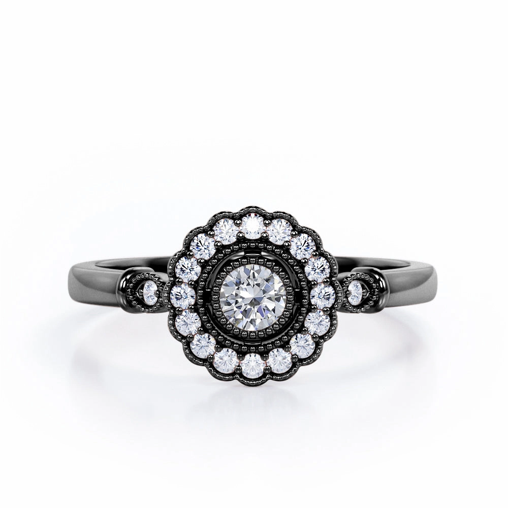 Practical Style No Brand Milgrain Flower Halo 0.35 TCW Round Brilliant Cut Trilogy Bezel Engagement Ring in 10K White Gold