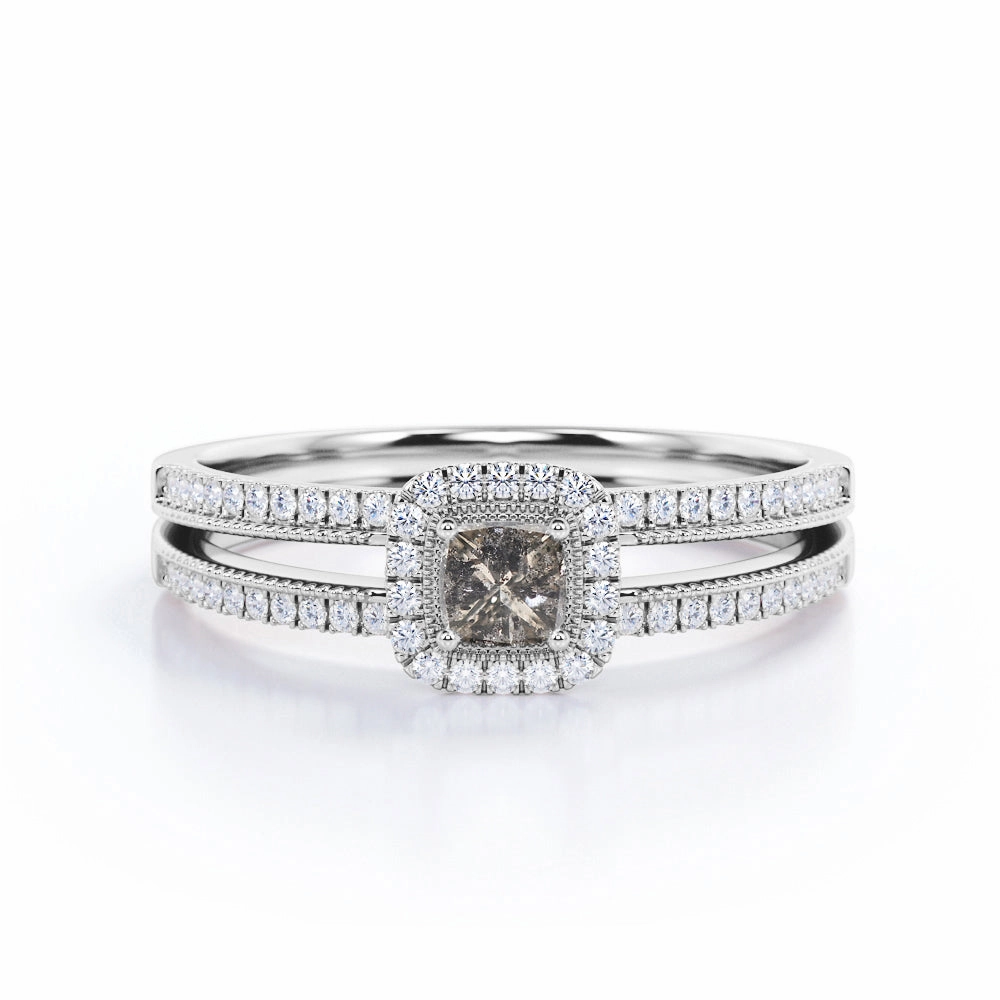 Artistic masterpiece 1.25 Carat Halo Princess Cut Salt And Pepper Diamond Engagement Ring with Pave Split Shank in White Gold