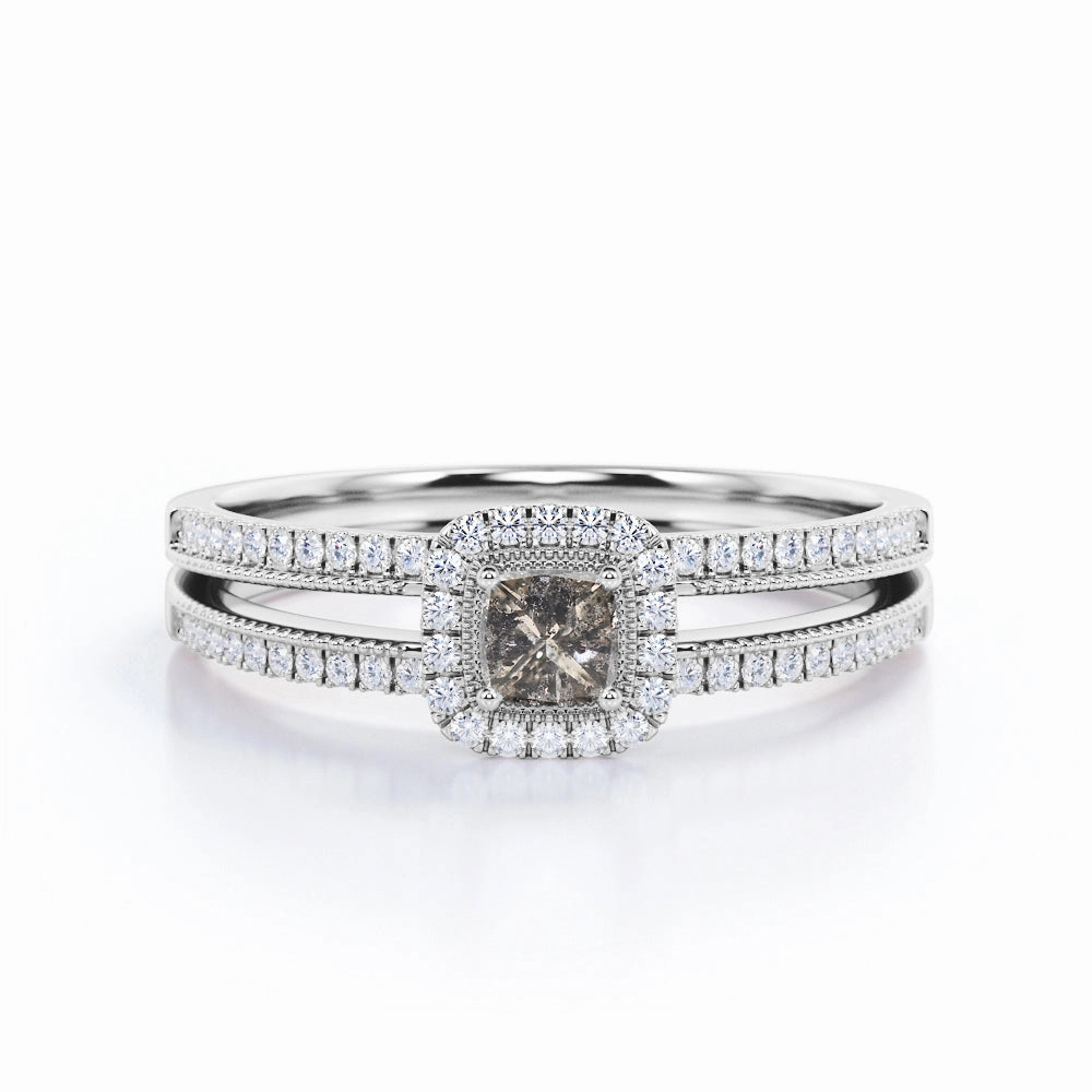 Bright Look 1.25 Carat Halo Princess Cut Salt And Pepper Diamond Engagement Ring with Pave Split Shank in White Gold