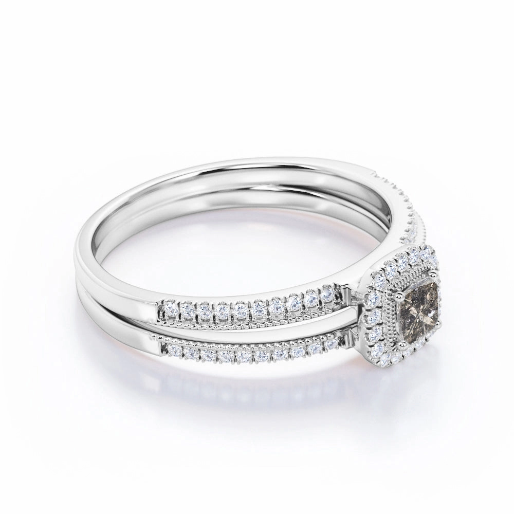 Classic Mark High-Quality Look 1.25 Carat Halo Princess Cut Salt And Pepper Diamond Engagement Ring with Pave Split Shank in White Gold