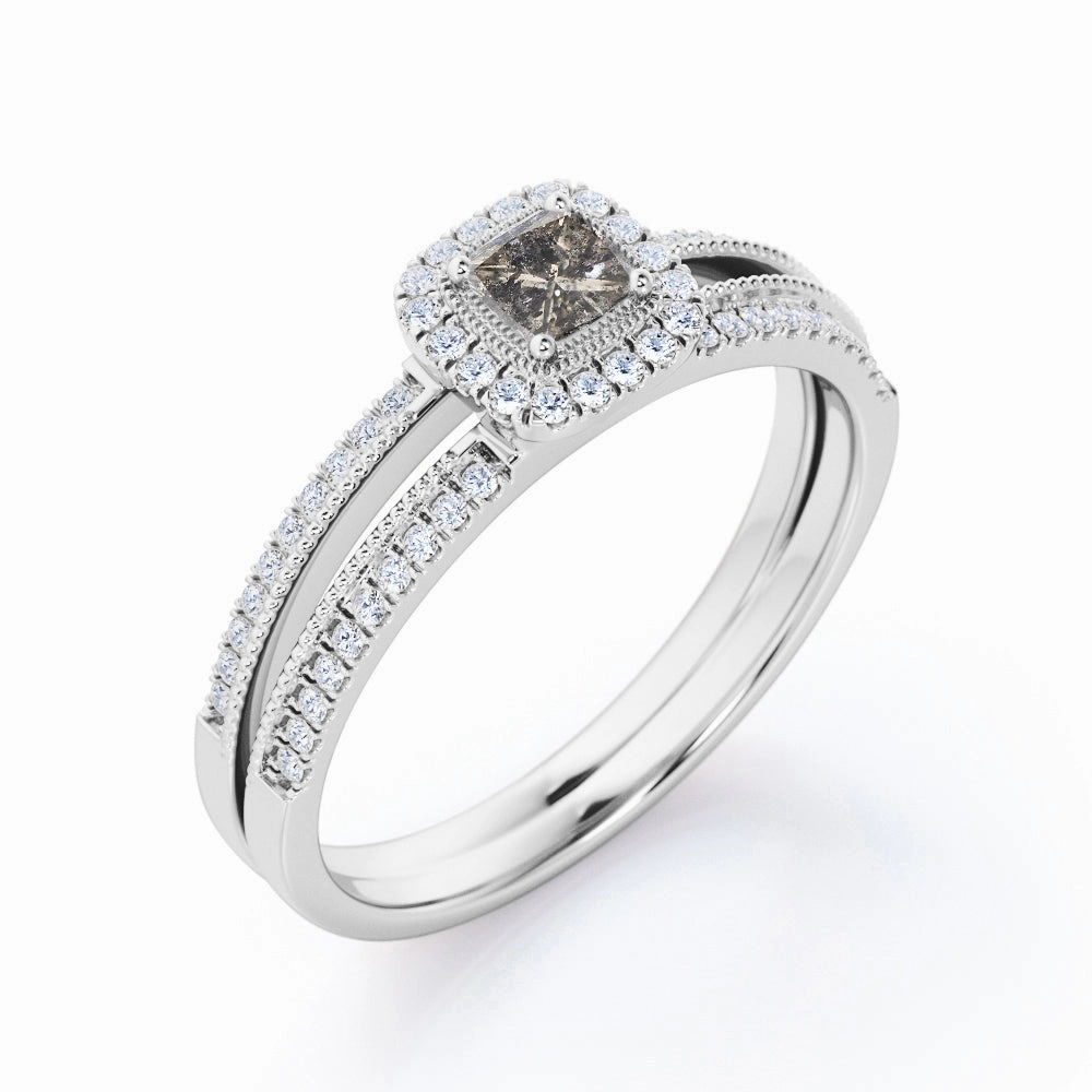 1.25 Carat Halo Princess Cut Salt And Pepper Diamond Engagement Ring with Pave Split Shank in White Gold Personal Gift Lightweight Ornament