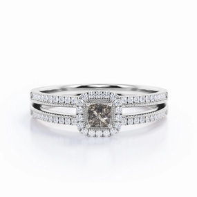 Designer Label Festive Look 1.25 Carat Halo Princess Cut Salt And Pepper Diamond Engagement Ring with Pave Split Shank in White Gold