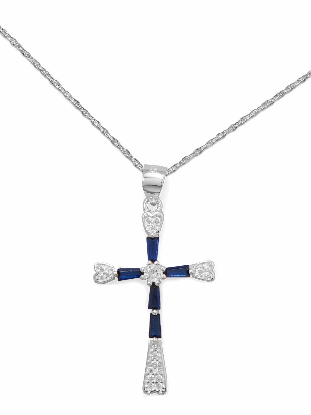 Dark Blue and Clear Cubic Zirconia Cross Necklace with Rope Chain - Nontarnish Festival Present