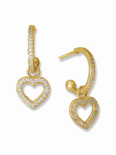 Daytime Ornament Grand Accent Hoop Earrings with Heart Dangle Gold-plated on Sterling Silver with Sparkling Cubic Zirconia