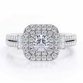 Sturdy Adornment Resilient material Double-Pave Shank 0.55 TCW Round Cut Diamond Double Halo Engagement Ring in 10K White Gold