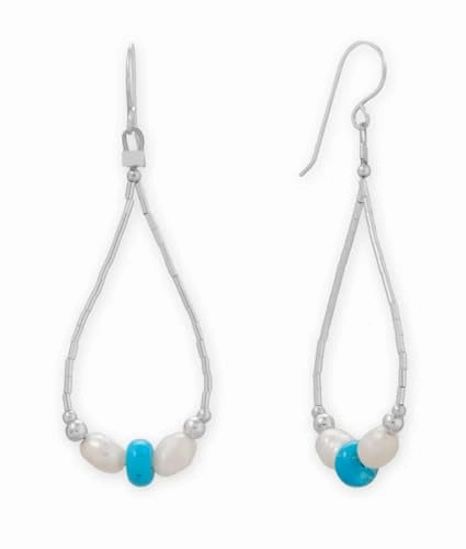Heart-Shaped Accessory Radiant Detail Sterling Silver Teardrop Dangle Earrings with Reconstituted Turquoise, Cultured Freshwater Pearls, and Liquid Silver Beads - Made in the USA