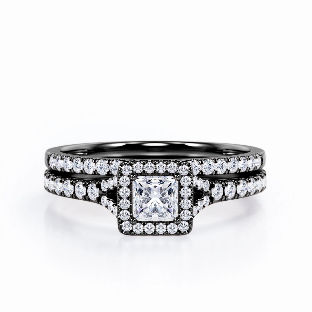 Pave Split-Shank Design 0.65 TCW Princess Cut Diamond Four-Prong Halo Wedding Set in 10K White Gold Luxury Present Holiday Ready