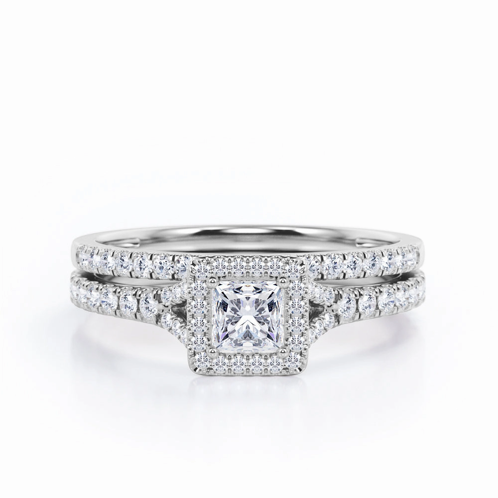 Pave Split-Shank Design 0.65 TCW Princess Cut Diamond Four-Prong Halo Wedding Set in 10K White Gold Ornate Item