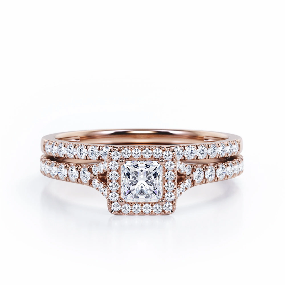 Pave Split-Shank Design 0.65 TCW Princess Cut Diamond Four-Prong Halo Wedding Set in 10K White Gold HighEnd Design