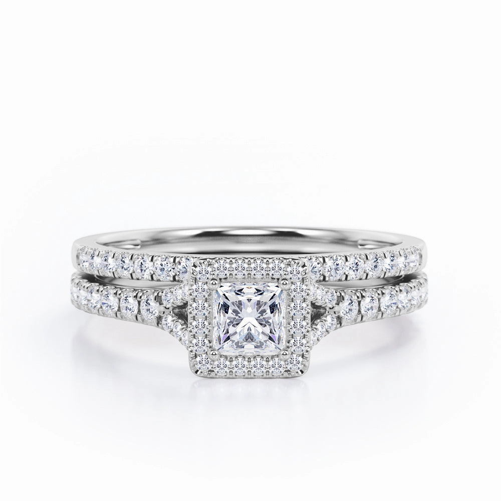 Luxury Appeal Pave Split-Shank Design 0.65 TCW Princess Cut Diamond Four-Prong Halo Wedding Set in 10K White Gold