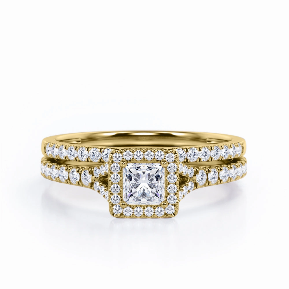 Pave Split-Shank Design 0.65 TCW Princess Cut Diamond Four-Prong Halo Wedding Set in 10K White Gold Stylish Item