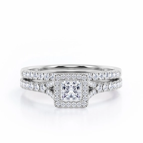 Pave Split-Shank Design 0.65 TCW Princess Cut Diamond Four-Prong Halo Wedding Set in 10K White Gold Ornate Item