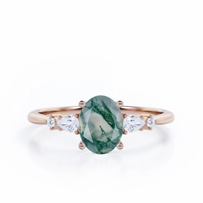 Artisan Style Fine Piece Five Stone 1.25 Carat Oval Moss Agate Engagement Ring