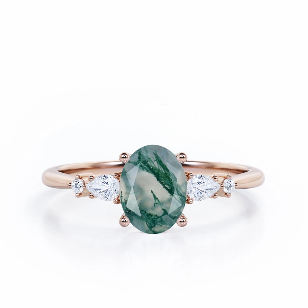 Artisan Style Fine Piece Five Stone 1.25 Carat Oval Moss Agate Engagement Ring